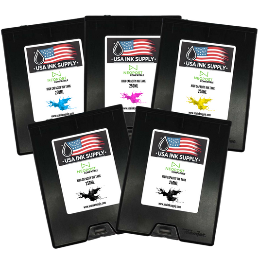 Neopost Compatible (CMYKK) High Capacity MemJet Ink Tank Set (1250mL) - 5 Pack - Fade-Resistant Replacement Inkjet Printer Ink