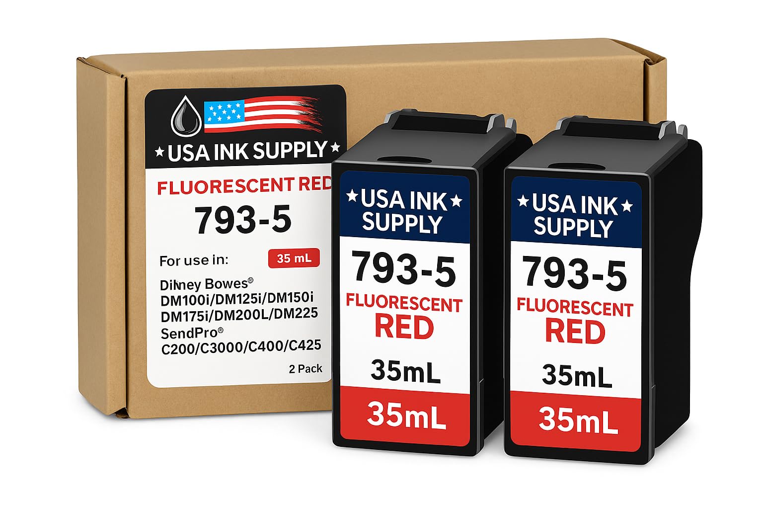 793-5 Compatible Fluorescent Red Ink Cartridge (2-Pack) - Compatible postage meter ink cartridge 35mL x 2